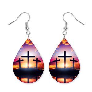 Cross Sunset Teardrop Dangle Handmade Hook Earrings